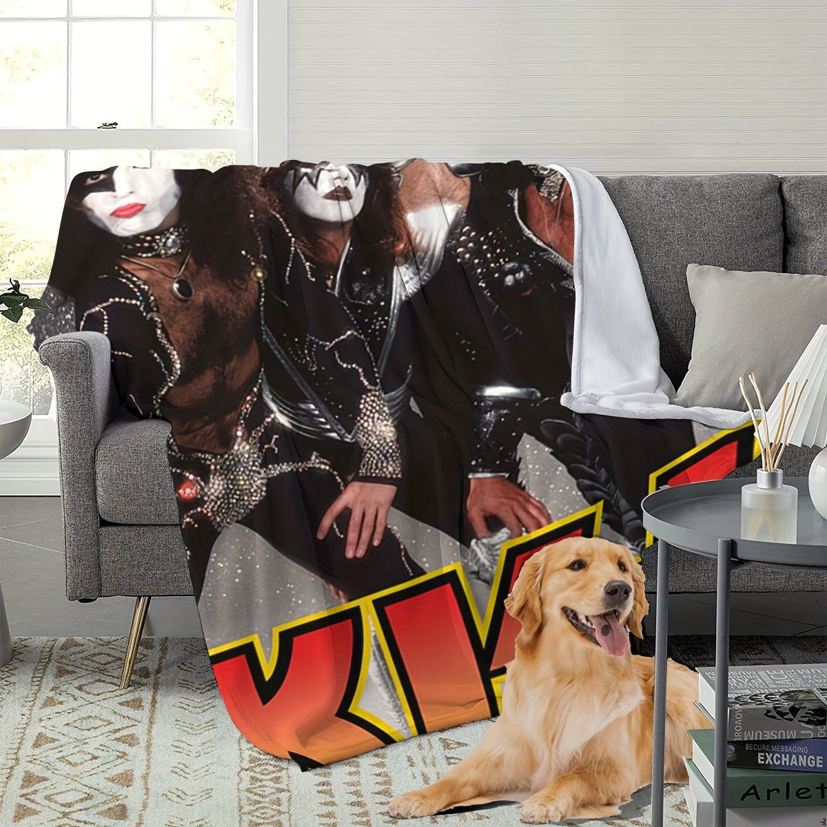 Add a touch of rock 'n' roll to your home with the KISS Rock Band-themed throw blanket. Made from knitted polyester, this lightweight blanket features a vibrant red and yellow gradient design, perfect for adding a contemporary style to your bedroom