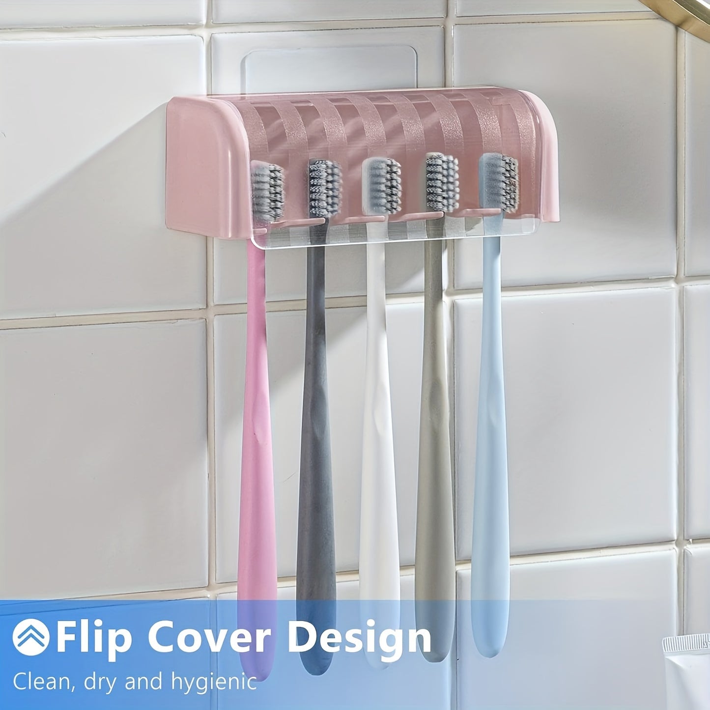 Wall mounted toothbrush holder holds up to 5 toothbrushes, no electricity required, ideal for dorms and showers.