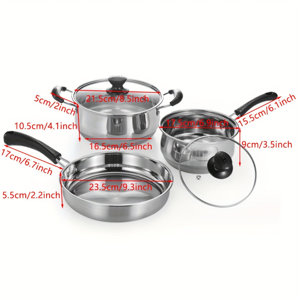 Three-piece set of durable stainless steel cookware, including a thickened soup pot, milk pot, and fryer. This versatile set is perfect for frying, stewing, and cooking, whether in a household kitchen or professional restaurant setting. Can be used on