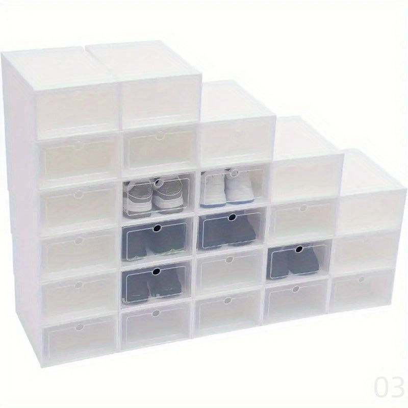 Six transparent stacking shoe boxes made of PET material that are perfect for organizing shoes in your living room, bedroom, or dormitory.