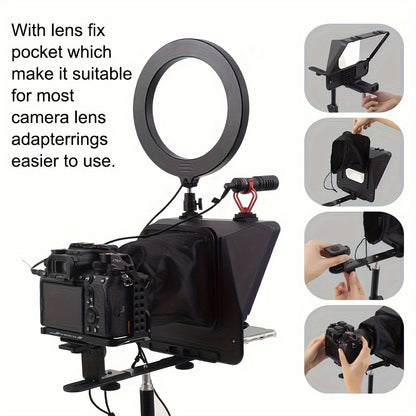 Portable Teleprompter Kit with Smartphone Holder and Remote Control - Compatible with DSLR cameras, live streaming, interviews, stage presentations, and speeches. Lens adapter-friendly