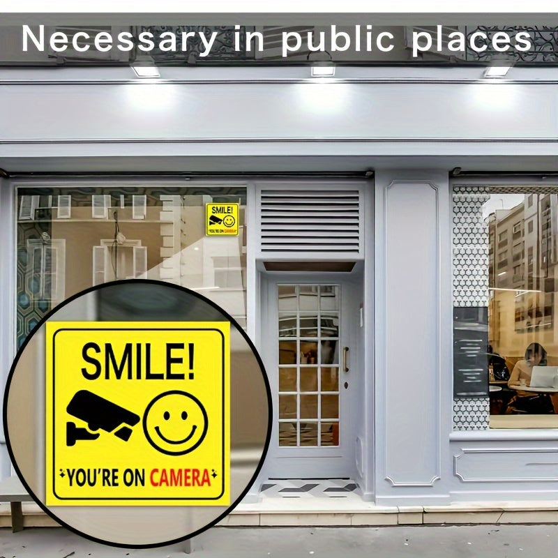 Set of 5 or 10 Smile You're On Camera window stickers for polite video surveillance security. Suitable for home, business, yard, driveway home decor.