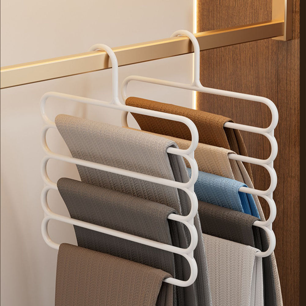 Set of 2 Space-Saving 5-Tier Metal Hangers for Pants - Non-Slip, Adjustable, and Foldable Organizer for Ties and Pants