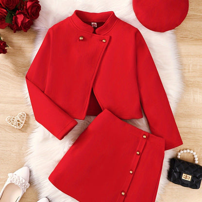 Three-piece set for tween girls in a new Chinese style with stand-up collar and buttoned skirt. Includes red coat, skirt, and beret. Machine washable with fitted design and short skirt