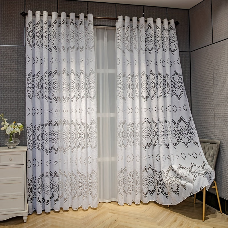 Art Deco Geometric Jacquard Sheer Curtains: Add a touch of elegance to your living room with these lightweight, unlined polyester drapes featuring a cutwork weave design. The grommet top and fashion theme make them a perfect all-season decorative panel