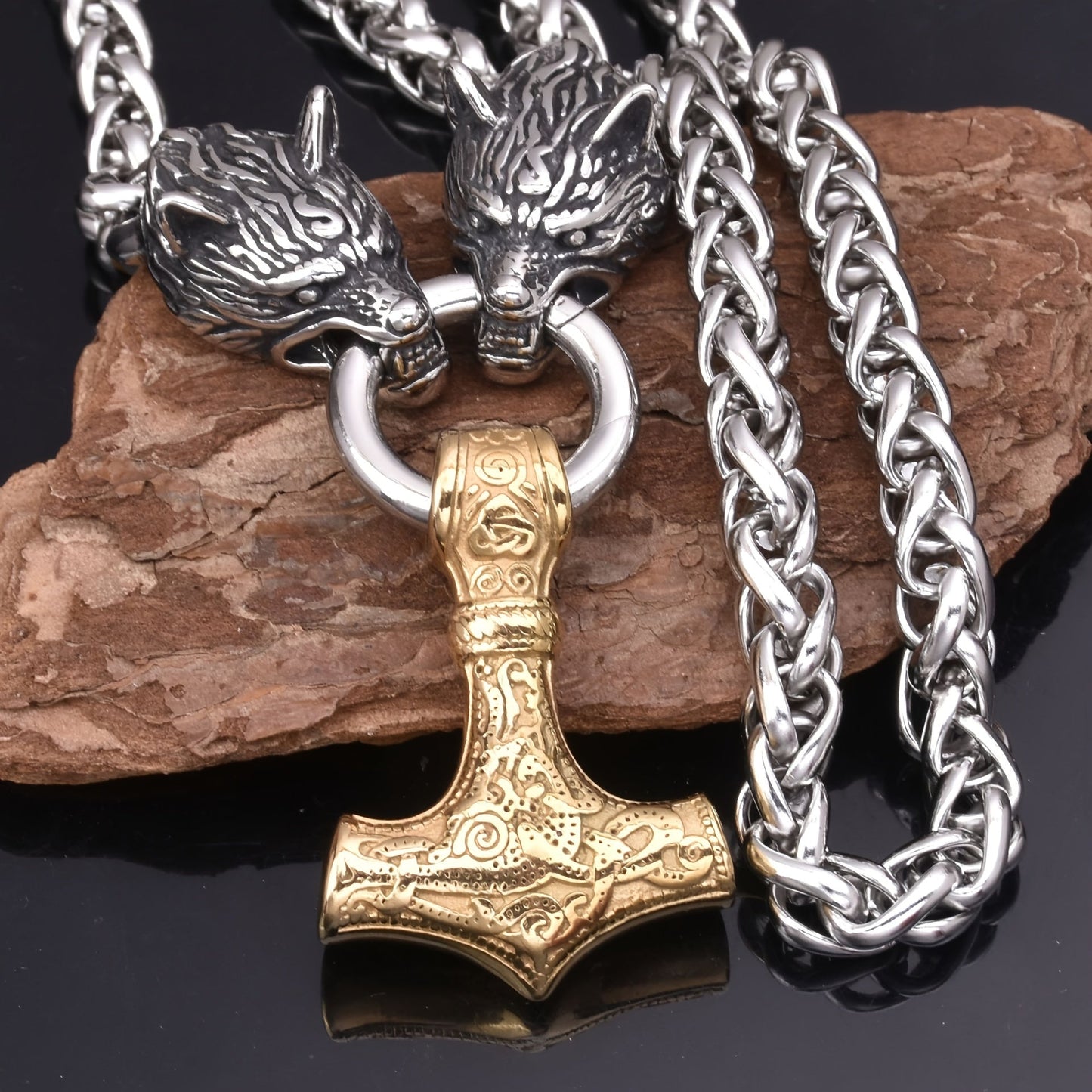 Gold Wolf Head Thor's Hammer Pendant Necklace - A stylish and bold men's jewelry piece inspired by European and American Viking culture.