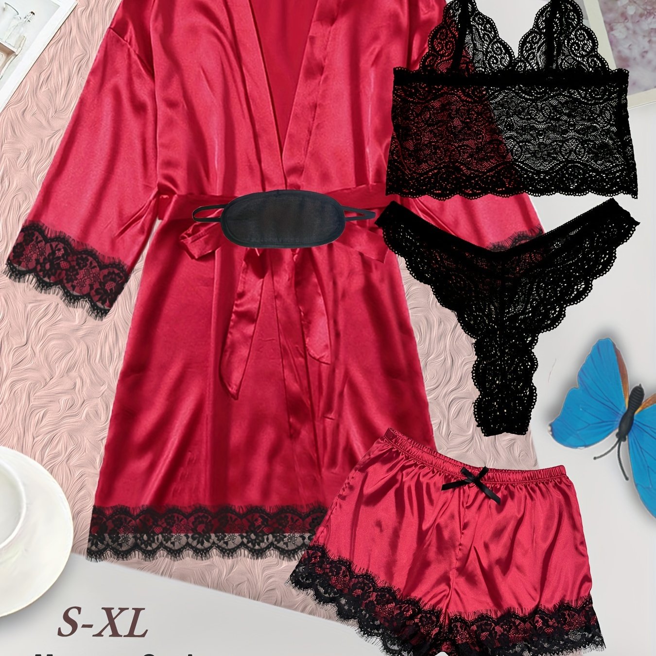 Satin lounge set with lace, robe, cami bra, thongs, and shorts for women.