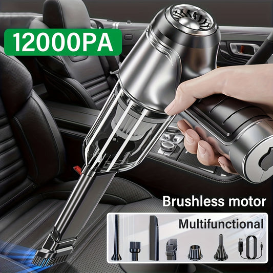 Portable cordless handheld vacuum cleaner with rechargeable brushless motor cyclone suction, suitable for car, office, and home use. Can be used for both suction and blowing, making it a