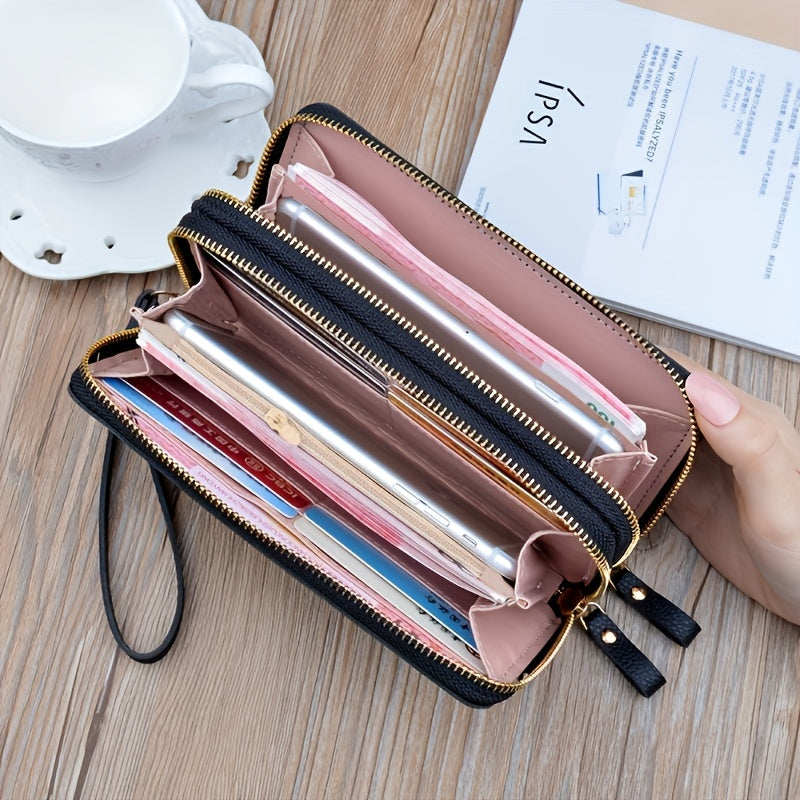 Women's stylish synthetic leather wallet with dual zipper closures, multi-card slots, large capacity, wrist strap, and coin purse in grey, pink, purple, burgundy, and black. Cute and