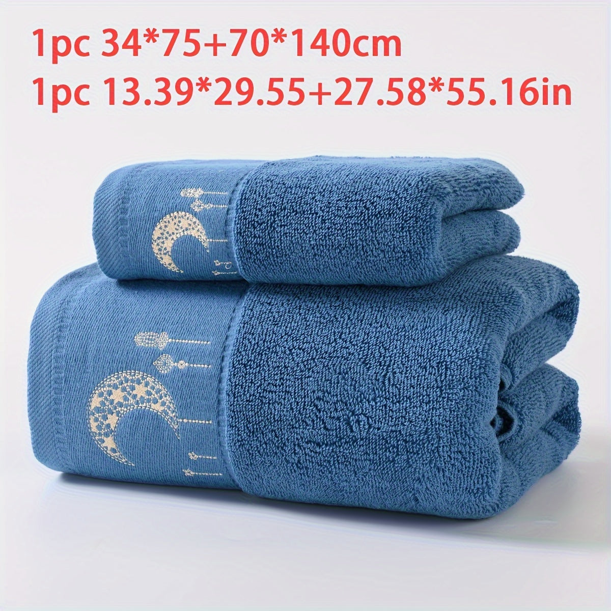 A set of 2 pure cotton velvet towels with star and moon embroidery in sizes 34*75cm and 70*140cm. Perfect for couples as a Valentine's Day gift or for general home use. Includes a washcloth and a beach/bath wrap.