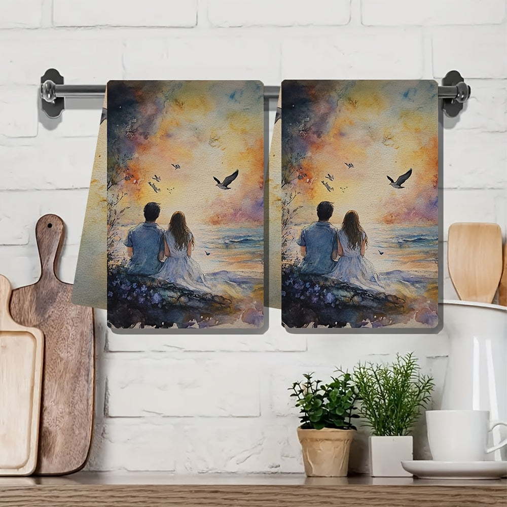 Two pieces of romantic sunset love kitchen towels - made from ultra soft and highly absorbent polyester, measuring 40.64x60.96 cm. These dish hand towels feature a vibrant sky design, perfect for holiday decor. They are machine washable for easy care.