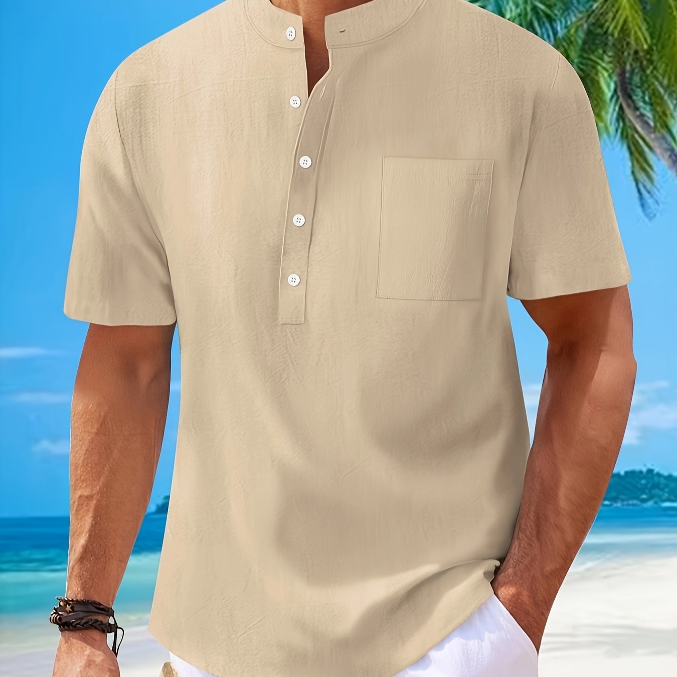 Men's Cotton Linen Henley Shirt with Mandarin Collar, Short Regular Sleeve, and Pocket Detail for Spring Vacation Casual Wear