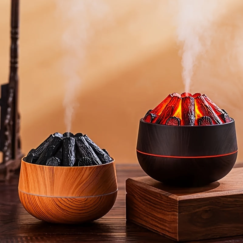 Innovative charcoal-powered humidifier with large mist output and aromatherapy function. USB powered with wooden base and flame effect, perfect for any room type. (Battery not included)