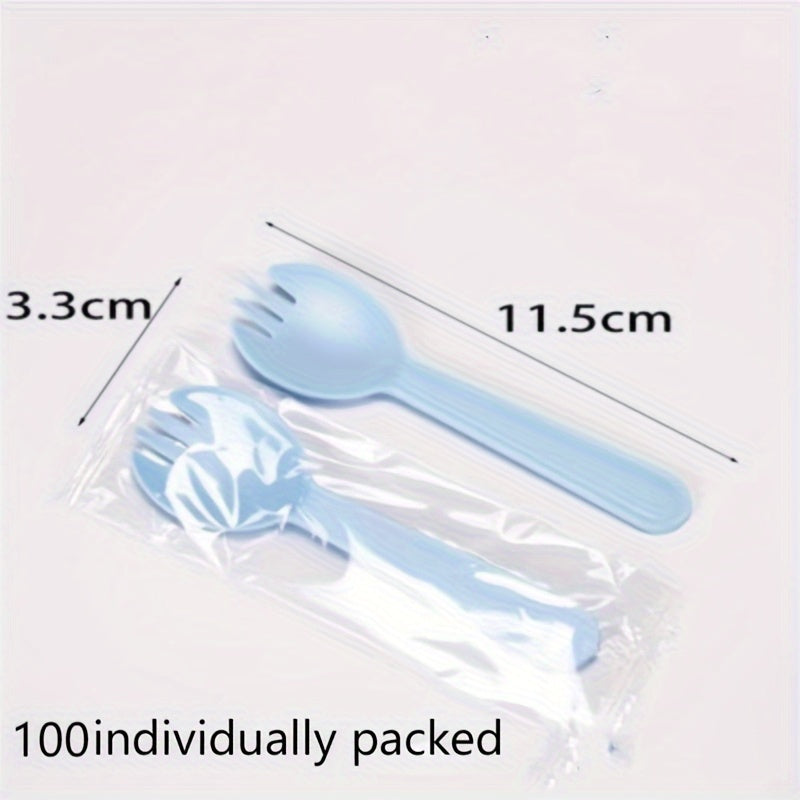 50 or 100 pieces of disposable spoons and forks, each in independent packaging. Made of plastic, these ice cream forks are perfect for desserts. Sporks are also included in this set. These thickened cake and dessert spoons are ideal for use in the home