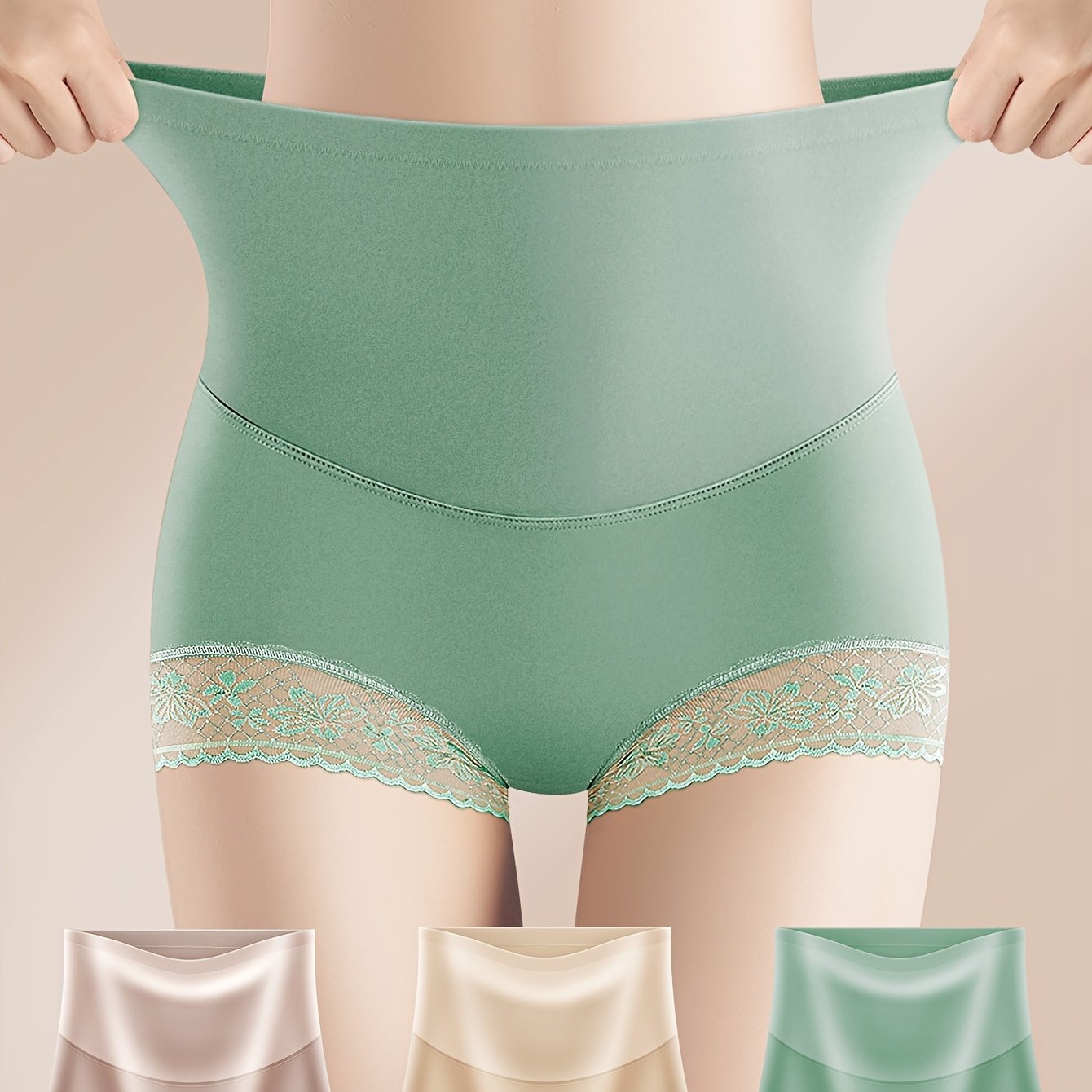 3-Pack of Elegant Lace High-Waisted Women's Briefs made of 83% Polyamide and 17% Spandex Knit Fabric. Skin-friendly with tummy control and 230g/m² fabric weight.