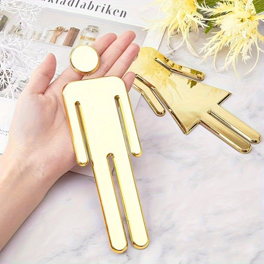 7.9-inch self-adhesive toilet door decal pair featuring painted male and female bathroom signs in Silvery Golden tone, suitable for office business and holiday decoration.