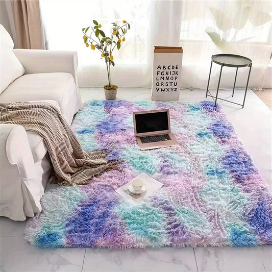 Soft and thick long plush fabric gradient rainbow colored carpet rug with a warm and lovely atmosphere. Perfect for indoor decorative use in large floor areas. Hand clean, non-shedding, and dirt-resistant shaggy carpet suitable for bedrooms and living