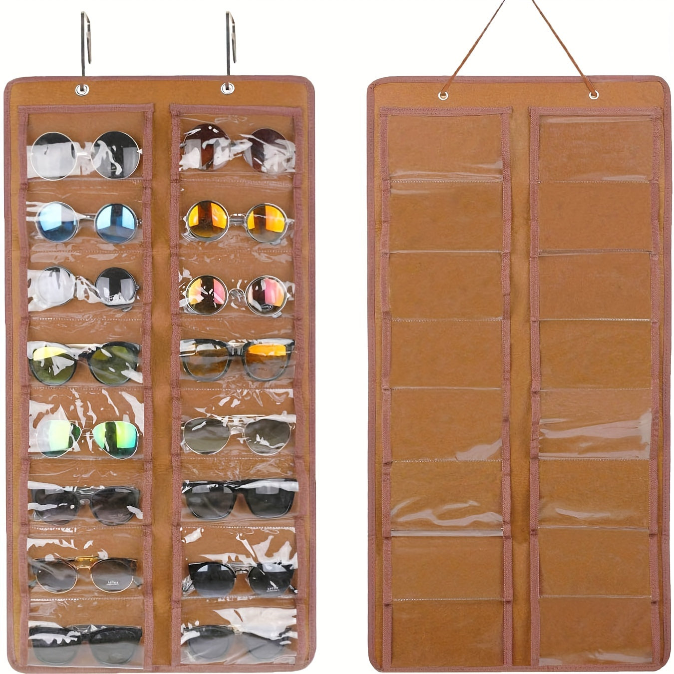 Get yourself the perfect solution for organizing your glasses with this 16-Slot Glasses Organizer. This hanging PVC wall pocket is dust-proof and includes a metal hook and sturdy rope for easy hanging. Ideal for storing women's fashion accessories, this