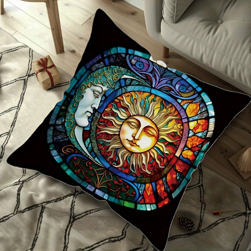 Sun and Moon throw pillow cover - 44.96x44.96 cm, cosmic art design, zippered polyester square case, contemporary style, machine washable, no insert