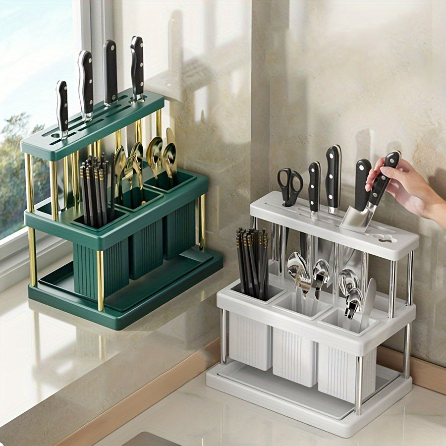 Knife and fork storage rack, with a slot for chopsticks, knives, spoons, and other kitchen accessories. Multi-functional countertop organizer for all your kitchen stuff.