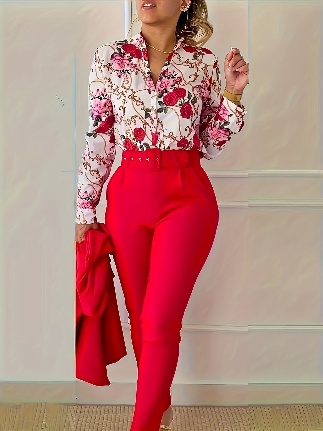 Floral V Neck Blouse & Belted Pants Set, Women's Outfit