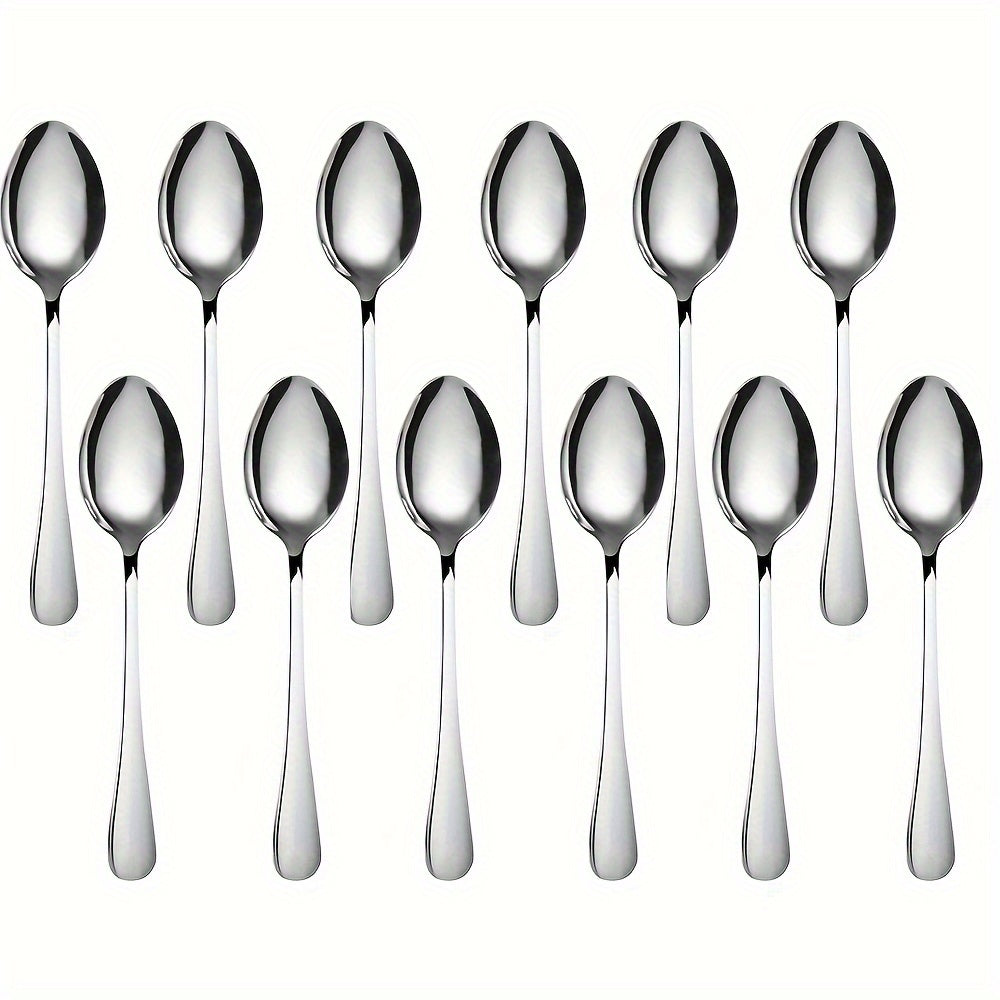 12-piece stainless steel dessert spoon set, 13.69cm, sleek design with black accents and polished finish. Perfect for home, kitchen, restaurants, and afternoon tea. Ideal for ice cream, coffee, and tea.