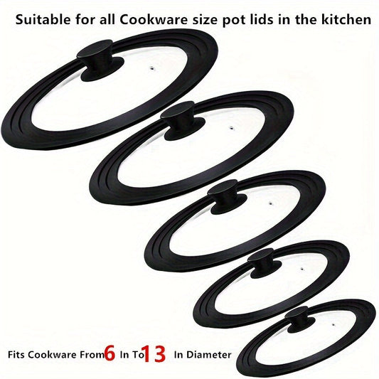 Universal pot and pan cover for kitchen made of 1pc multi-ply tempered glass lid with a heat resistant silicone ring. Fits 15.24cm-33.02cm cookware.