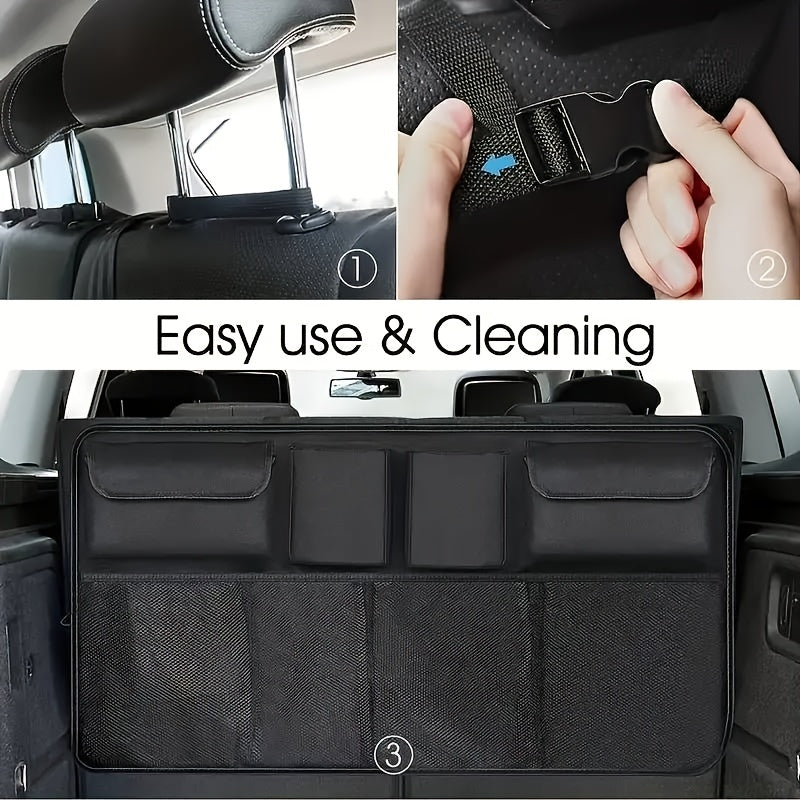 Space-saving car trunk organizer with 8 pockets, made of durable polyester, ideal for SUVs and trucks.