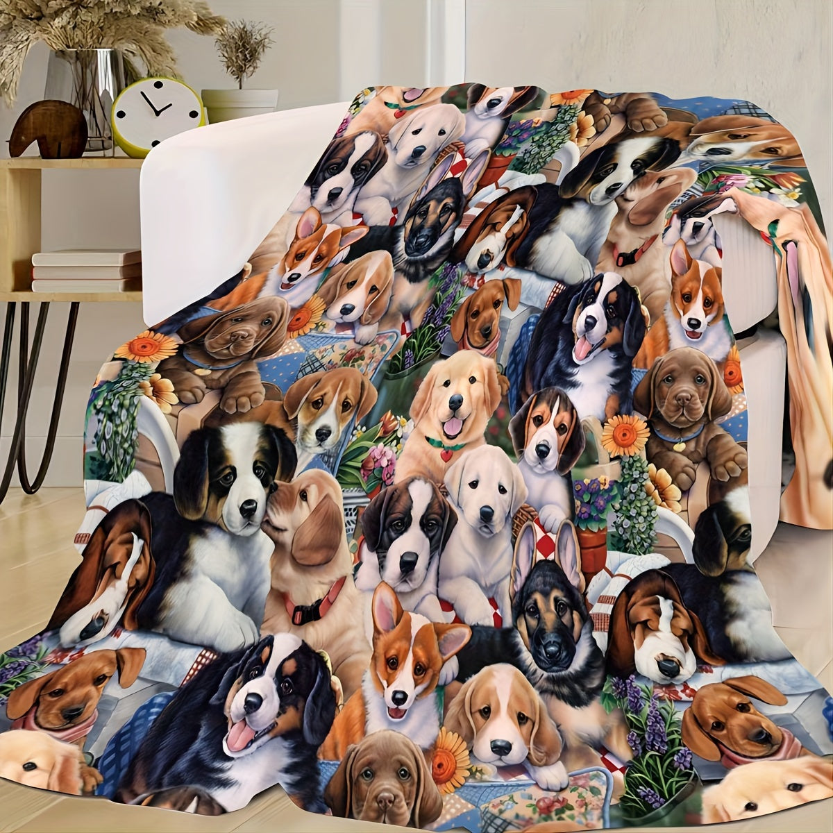 Soft and warm throw for dogs in cozy flannel material - perfect for couch and bed. Machine washable for all-season comfort.