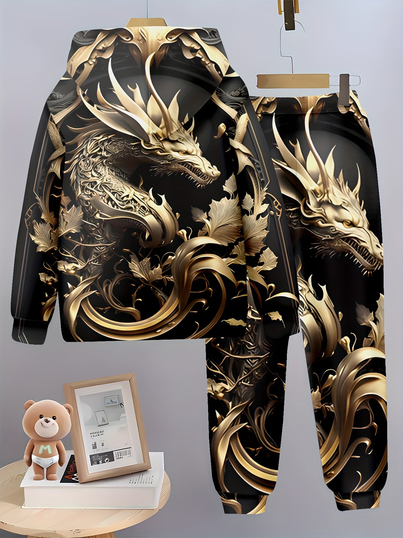 Boys' 3D Dragon Print Hoodie & Joggers Set - Casual, Comfy Polyester Outfit, Great for Spring/Fall Outdoors.