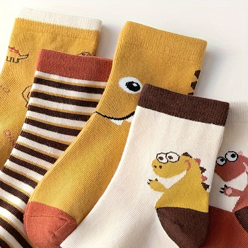 10 pairs of boys' trendy cartoon animal striped and plaid pattern crew socks, breathable and comfy for all seasons wearing.