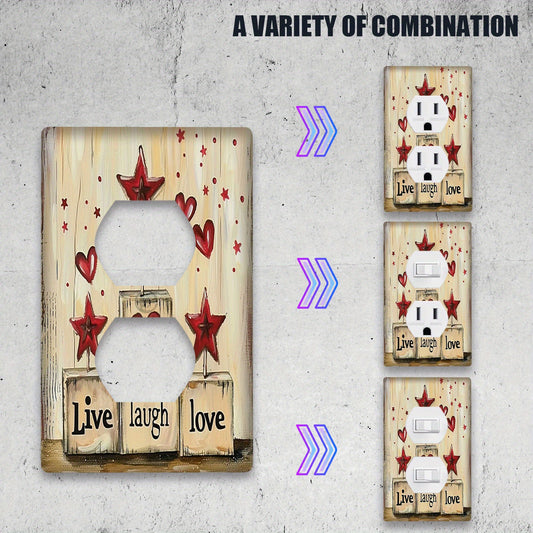 1 Rustic Light Switch Panel with "Live, Love, Laugh" Star Design for 1 or 2 switches, perfect for rustic wall decor in bedrooms, bathrooms, and living rooms - power supply and battery not included.