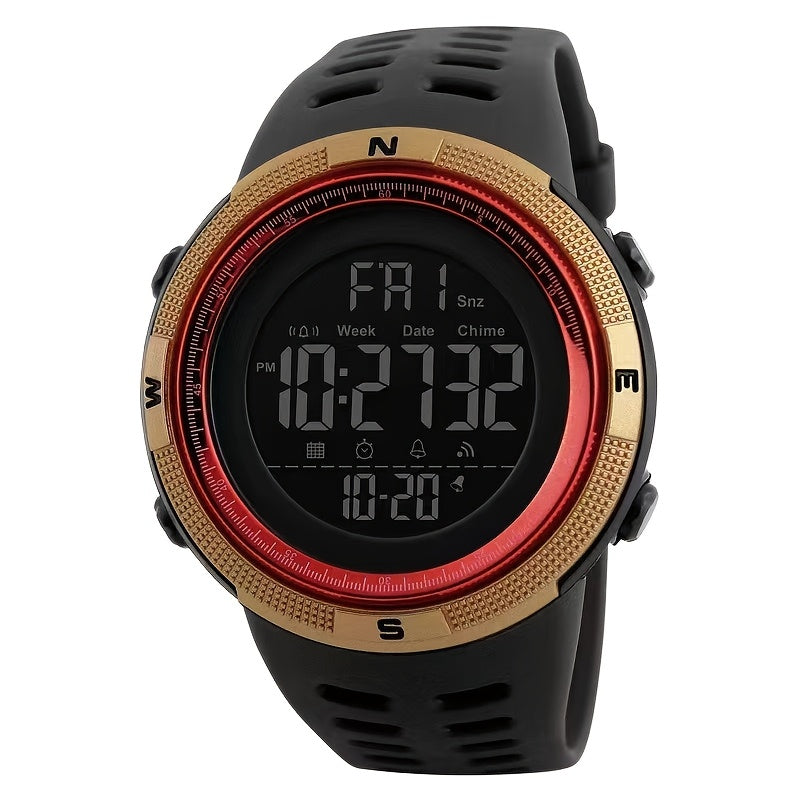 Unisex sports digital watch with large backlit display, silicone strap, date and week display, multi-function electronic movement, battery powered, plastic case - perfect birthday gift.