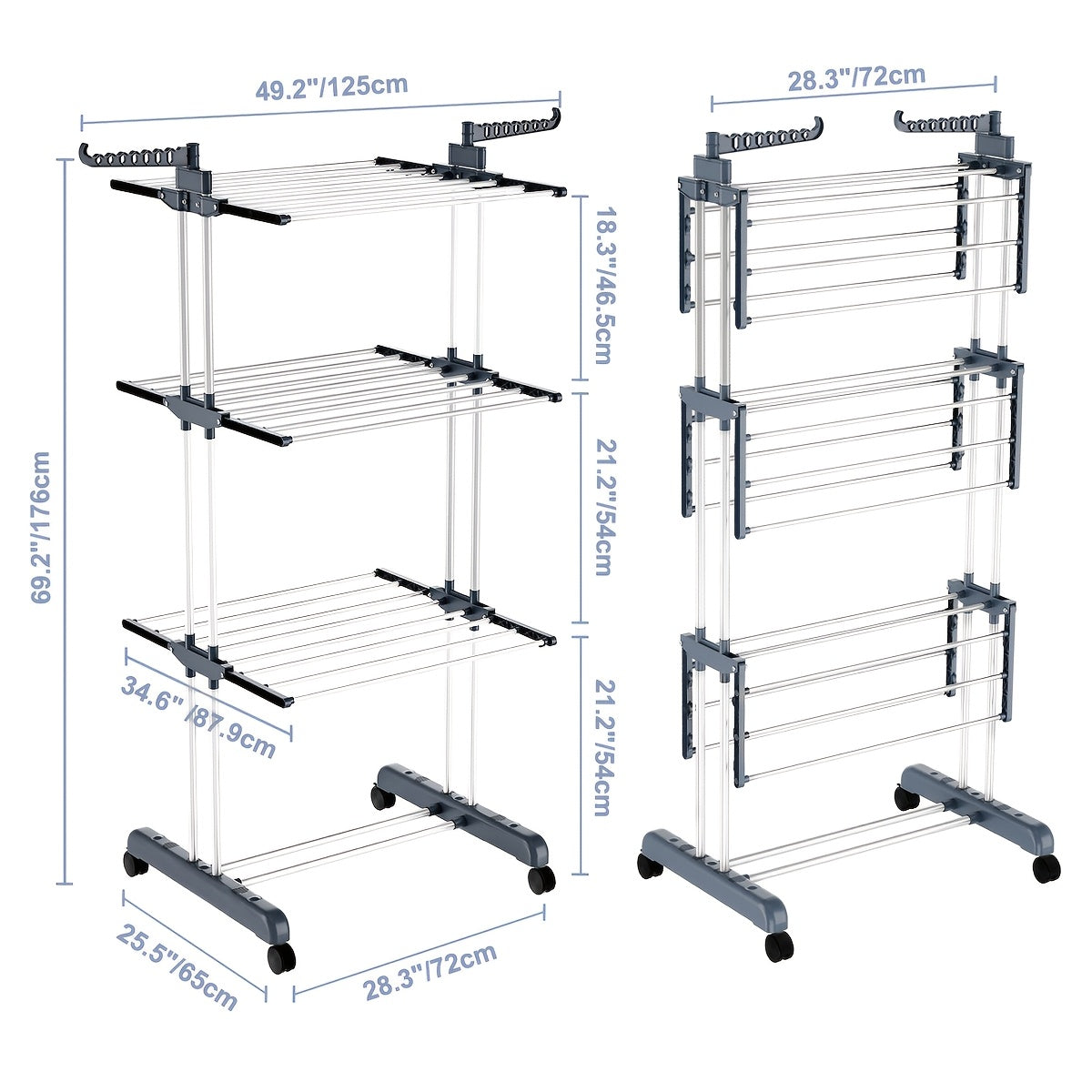 A versatile drying solution featuring a three-tiered drying rack, adjustable rolling laundry rack with a foldable drying rod, and a large clothes dryer on wheels. Perfect for indoor and outdoor use, these drying racks make the perfect back-to-school