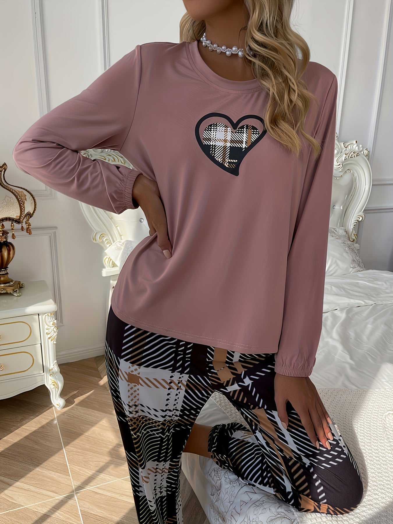 Women's Heart Print Pajama Set with Long Sleeve Top and Plaid Pants