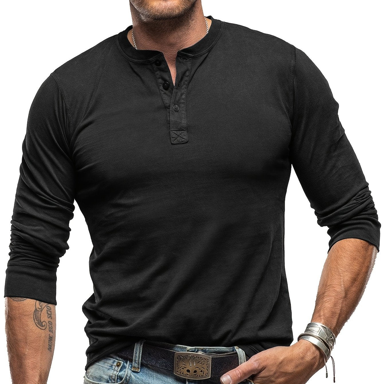 Amazon Men's Long Sleeve T-shirt, 100% Cotton Underwear, European and American Henley Shirt