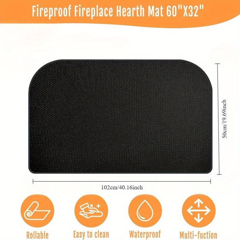 Black Fireproof Silicone Fireplace Hearth Rug, measuring 101.6x48.26 cm, designed with a heat resistant mat and anti-slip bottom. This fiberglass fire resistant pad is perfect for protecting wood stove floors indoors or outdoors.