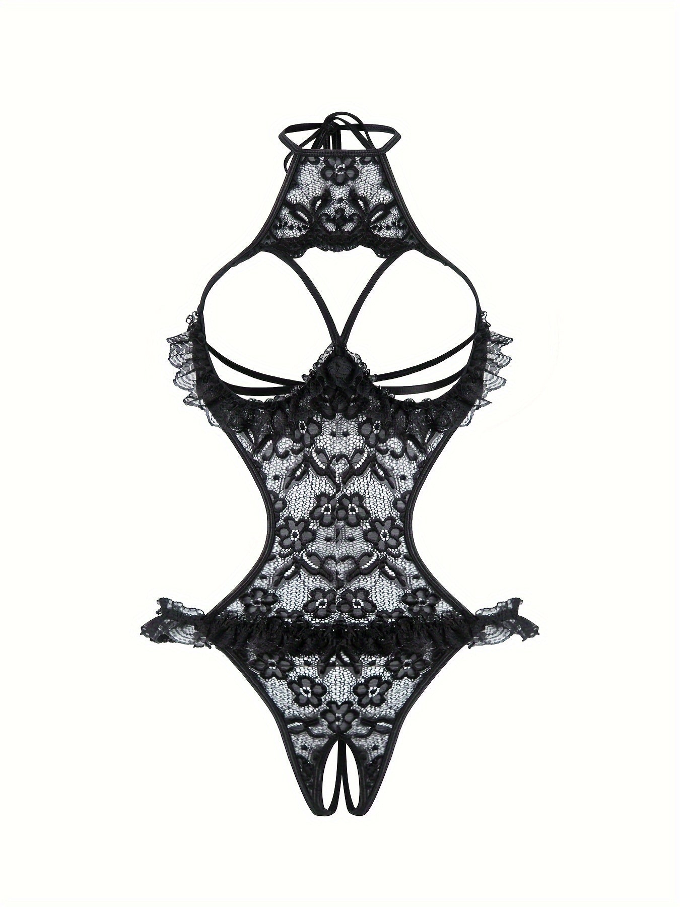 Stylish lace bodysuit for women with asymmetrical design and knit fabric detailing. Perfect for intimate wear.