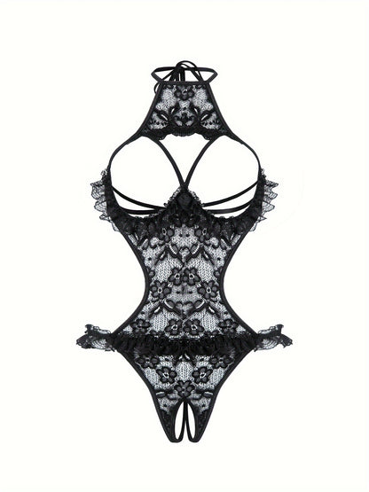 Stylish lace bodysuit for women with asymmetrical design and knit fabric detailing. Perfect for intimate wear.