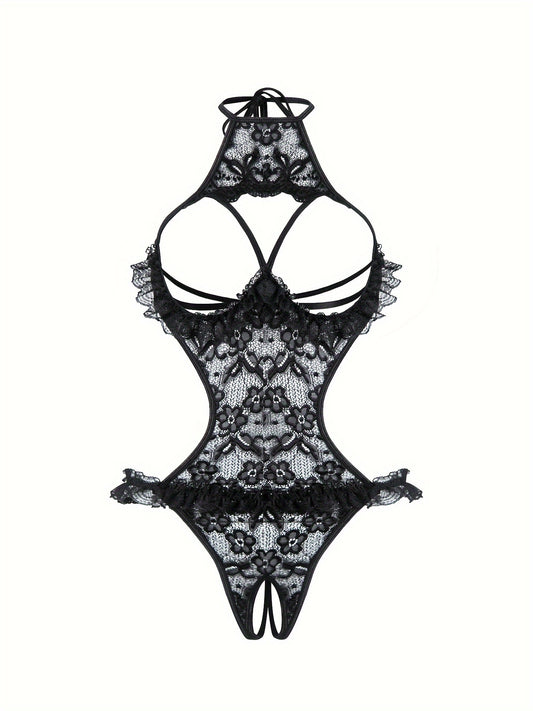 Stylish lace bodysuit for women with asymmetrical design and knit fabric detailing. Perfect for intimate wear.