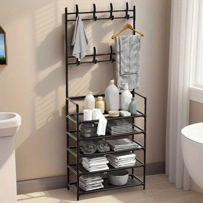 This 5-tier shoe rack is made of durable carbon steel and features 8 hooks, making it perfect for organizing shoes, bags, umbrellas, boots, hats, and more. It is a versatile storage solution that is sturdy and space-saving. Easy to assemble, this shoe