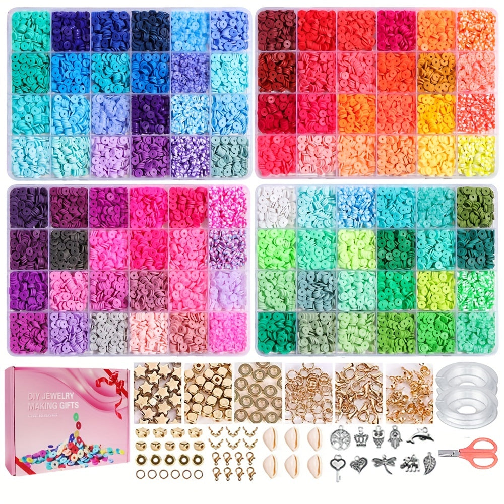 Set of 9600 pieces, including 96 colors of clay beads for bracelet making. This kit includes disc polymer clay beads for DIY handicraft necklace and jewelry making, presented in 4 convenient boxes - a perfect gift idea!