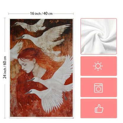 Set of 2 Serene Swan and Red-Haired Woman Art Kitchen Towels - Made of Ultra Soft, Highly Absorbent Polyester Material, Machine Washable, 40.64x60.96 cm - Perfect for Holiday Decor and Daily Use, Dish Hand Towels