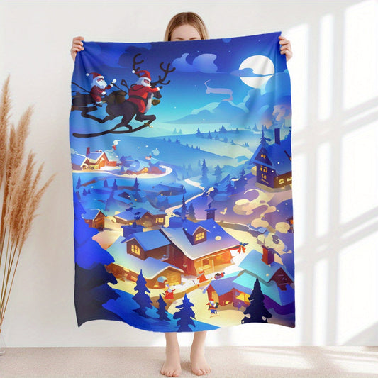 Christmas Night Sky & Snowy Village Flannel Plush Blanket - Soft and Cozy Lightweight Throw for Home, Office, or Travel. Versatile All-Season Blanket made from Durable Polyester Fabric. Machine Washable and Contemporary in Style. Perfect for Camping, Car