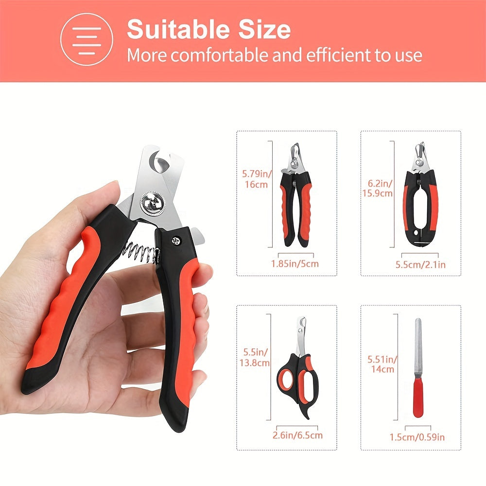 Professional dog nail clippers set with 4pcs, stainless steel, safety guard, non-slip handle, includes storage case and nail file. Suitable for all dog breeds, no battery required.