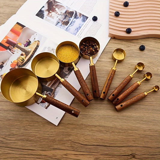 Set of 8 Golden Stainless Steel Measuring Cups and Spoons with Wooden Handles - Ideal for Cooking, Baking, and Kitchen Needs