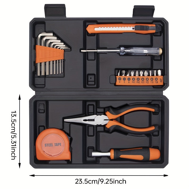 Universal 23pc Home Tool Kit with Carbon Steel Hand Tools in Plastic Case - Ideal for Household, Car, and Office Repairs - Ready to Use, No Batteries Needed.