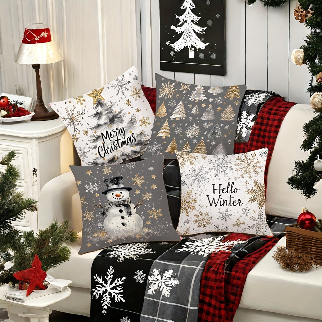 4-Pack Christmas throw pillow covers with festive golden and gray prints featuring snowman, trees, and winter designs. Made of polyester with zipper closure, machine washable. Ideal for living room decor. Woven pillowcases, pillow core not included.