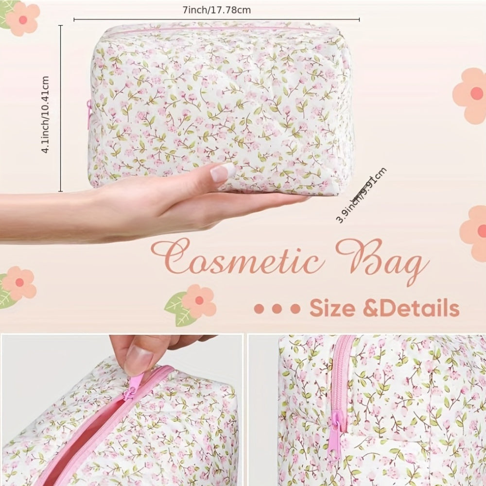 Simple and sweet floral quilted cosmetic bag with large capacity for makeup and skincare. Suitable for both men and women. Fragrance-free and water-resistant.