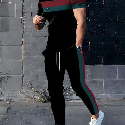 Men's Striped Sports Set with 3D Print, Polyester, Elastic, Round Neck, Patterned Stripes, Spring/Fall, Leisure/Goin Out.